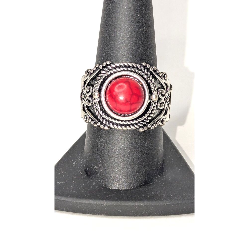 Silver Tone Red Howlite Stretch Ring